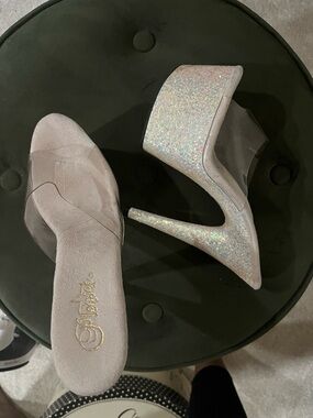 Pleaser Iridescent Glitter Platform Mule with Clear Strap - White